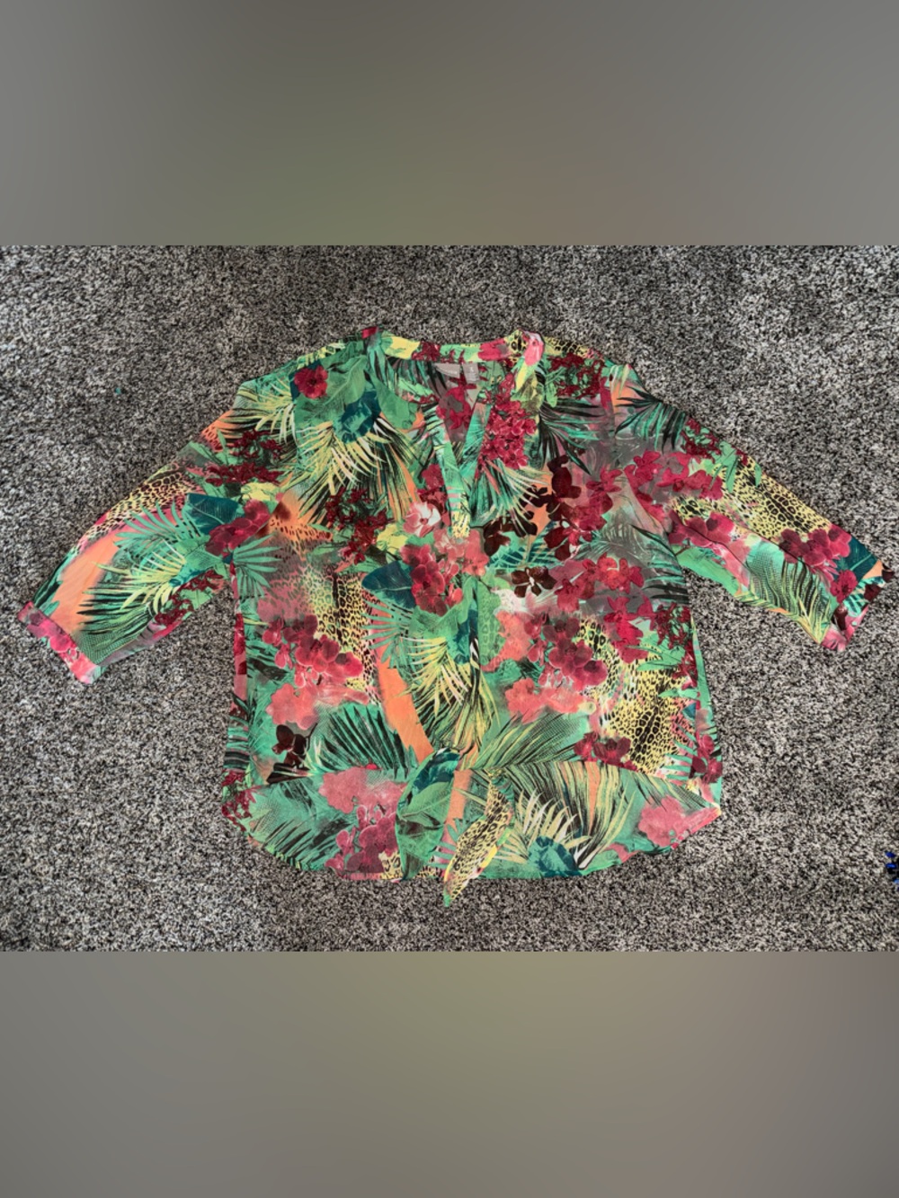 Chico's Tropical Floral Green Red Print Blouse